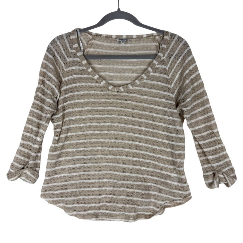 Splendid Top Womens XS Beige Striped Sheer V Neck Open Knit 3/4 Sleeve Pullover